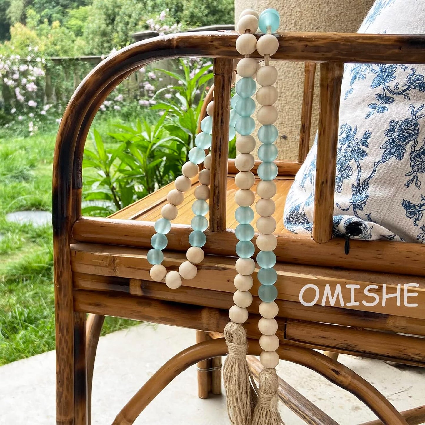 OMISHE Wood Bead Garland with Tassels 61 Inches, Boho Decorative Beads, Farmhouse Beads Garland for Home Tiered Tray Decor, Beige Gray