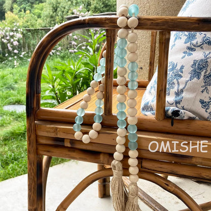 OMISHE Wood Bead Garland with Tassels 61 Inches, Boho Decorative Beads, Farmhouse Beads Garland for Home Tiered Tray Decor, Beige Gray