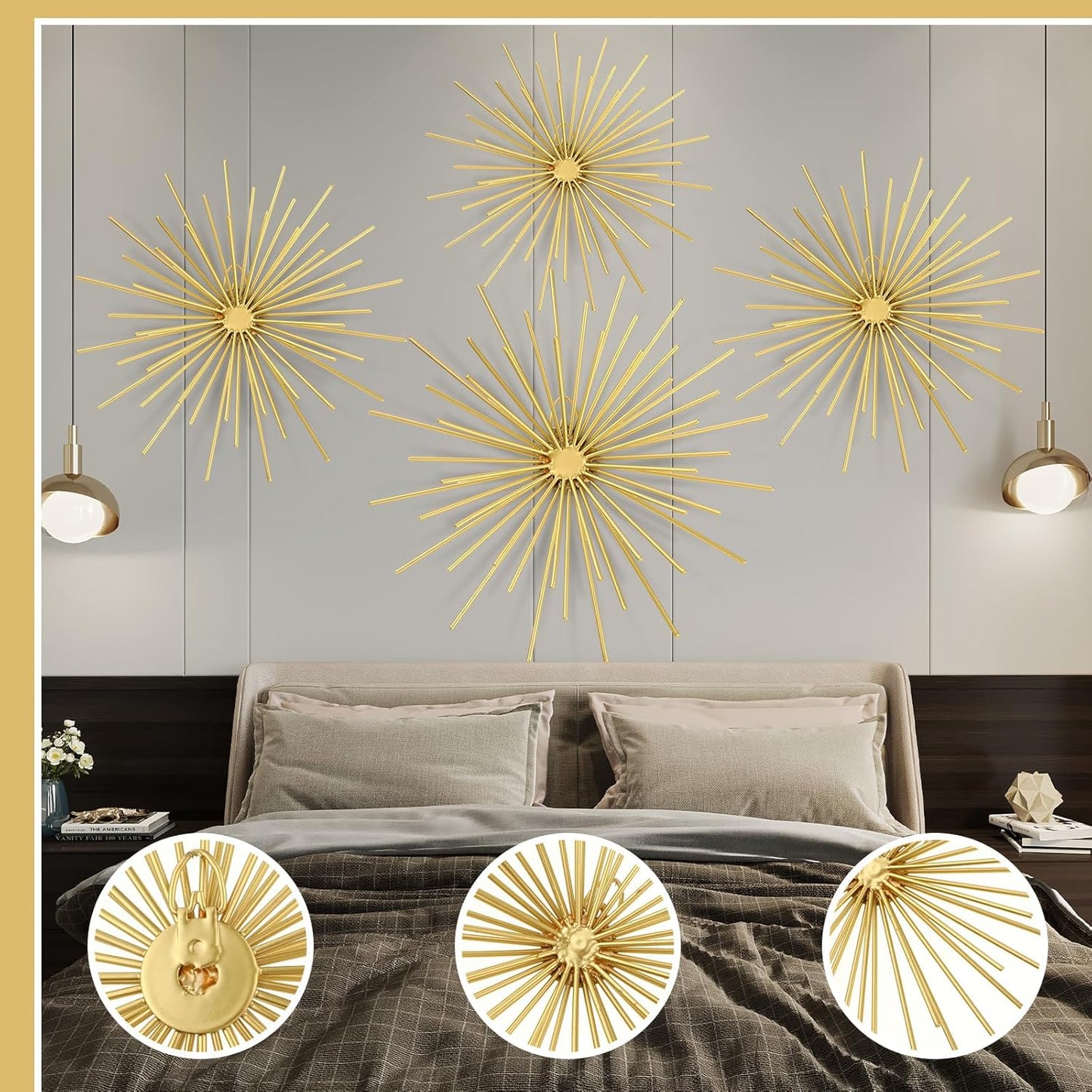 Shimeyao 4 Pcs Metal Starburst Wall Decor Black Metal Wall Art 3D Spike Bling Finish Star Burst Hangings Accents Sculptures Set Modern Mid Century Decorations for Living Room Bedroom Entryway