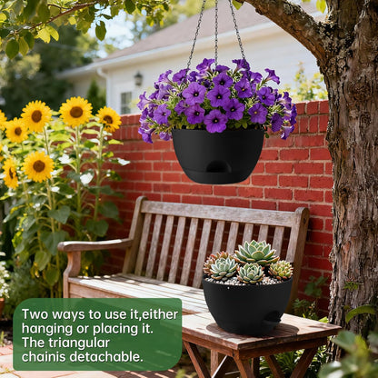 3-Piece Set of 10-Inch Hanging Planters with Automatic Watering System and Drip Tray, Includes Metal Chain, Suitable for Various Indoor and Outdoor Plants and Flowers, Green Brown