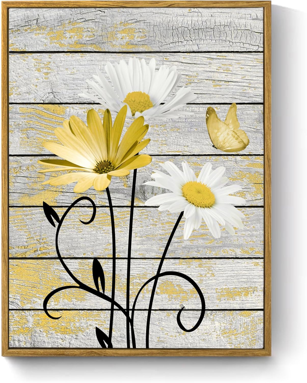HVEST Farmhouse Floral Wall Art for Living Room, Blue and White Daisy Flower and Butterfly on Rustic Wood Board Canvas Wall Art Framed Artwork Ready to Hang for Bathroom Bedroom Decor, 16L X 12W