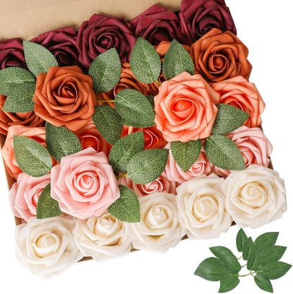 AmyHomie Artificial Flowers Dark Red Rose 25pcs Real Looking Fake Roses w/Stem for DIY Wedding Bouquets Centerpieces Arrangements Party Baby Shower Mothers Day Christmas Tree Decorations