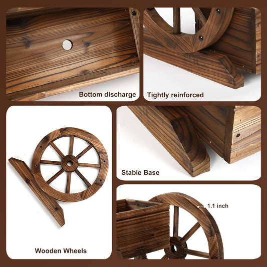 OIPRTGFJ Wooden Wagon Planter Box, Garden Planter with Wheels,Decorative Planter for Flowers Herbs Vegetables for Indoor & Outdoor Décor, Flower Cart for Patio Garden Balcony