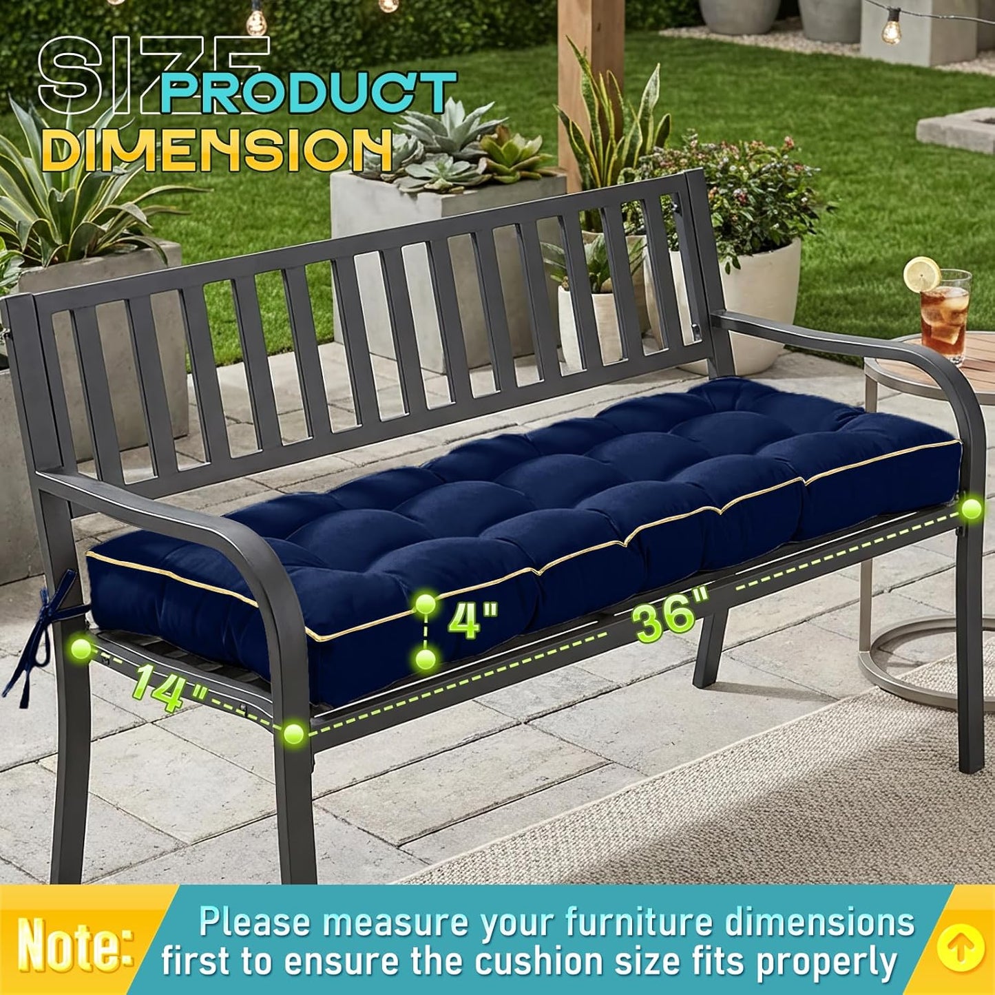 Outdoor Bench Cushion, Tufted Patio Seat Pad for Garden Bench, Porch Swing, Indoor/Outoor Furniture (Blue, 48X18X4 inch)