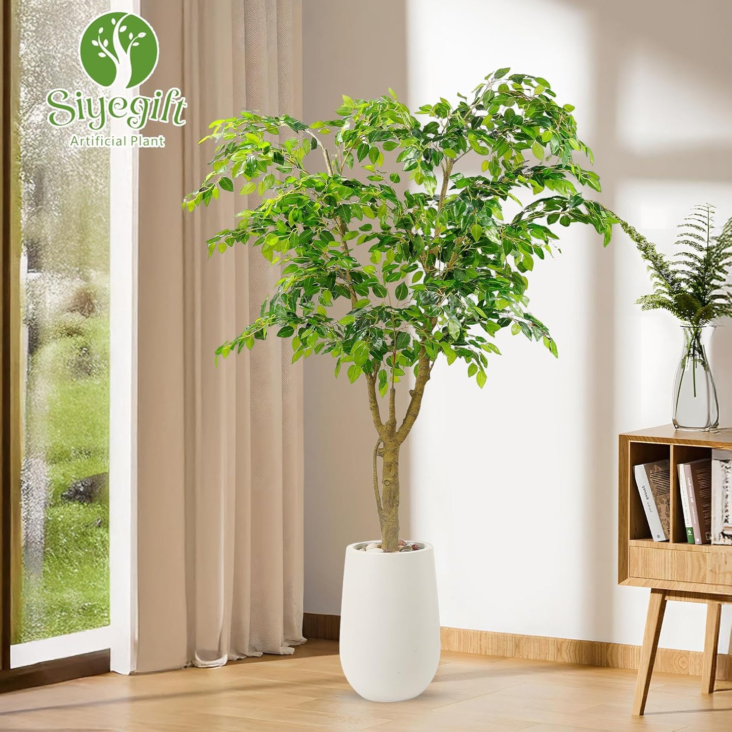 5FT Artificial Ficus Tree with White Planter and Pebbles,Faux Silk Tree with Lifelike Leaves and Realistic Trunk,Tall Fake Potted Plant for Home and Office Décor Indoor and Outdoor (5FT)
