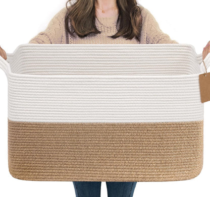 Goodpick Woven Storage Basket, Cotton Rope Basket for Dog Toys, Books, Stylish Gift Basket with Handles, 13 x 10 x 9 Inches Square Baskets for Organizing, Brown and White