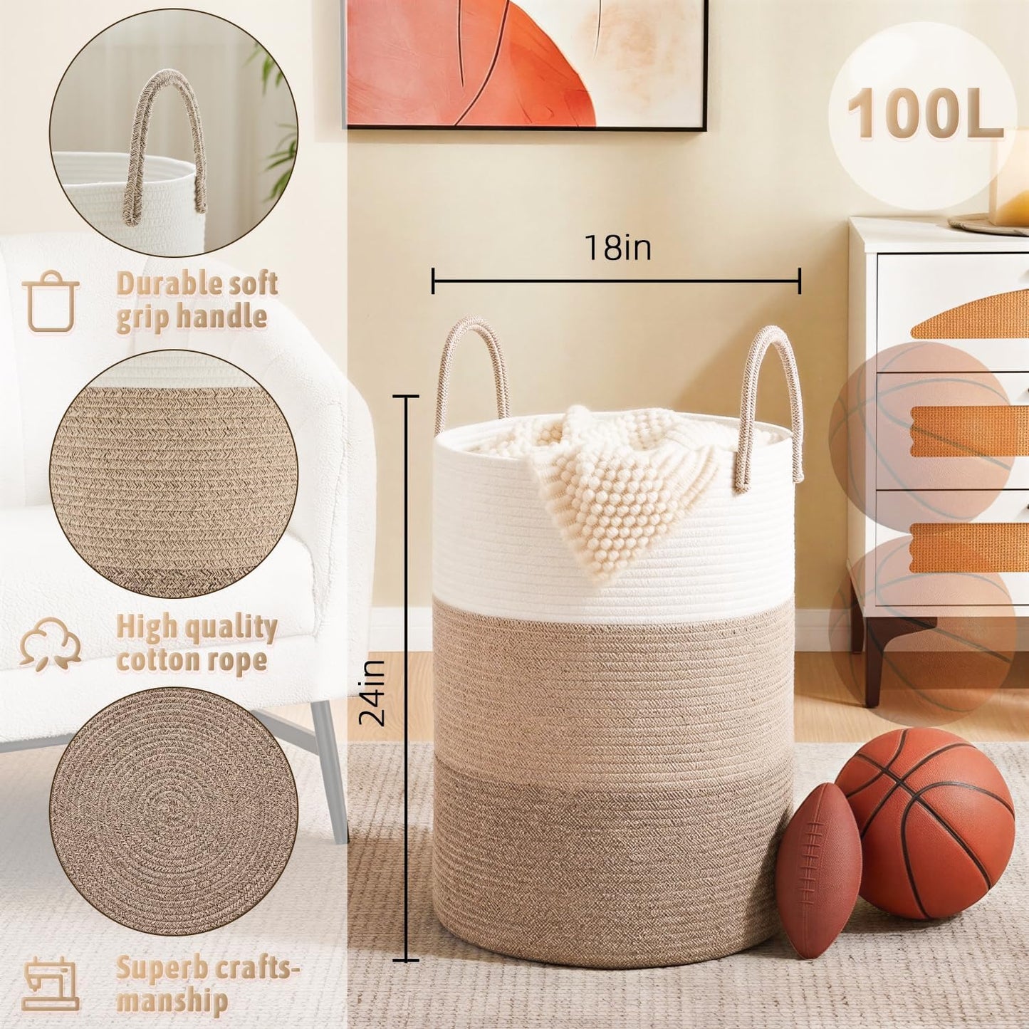 Artfeel Laundry Basket,Woven Cotton Rope Laundry Hamper,60L for Decor Storage of Dirty Clothes,Toys and Blankets in Bathroom,Baby Room and Living Room