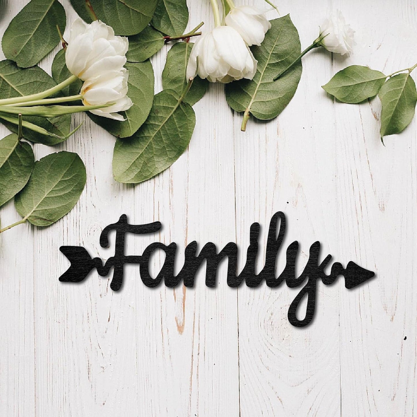 CREATCABIN Wood Cutout Family Arrow Sign Laser Cut Wooden Wall Decor Sculpture Hanging Decor Wall Art Decoration for Home Gallery Office Front Door Black 11.9" x 4.3"
