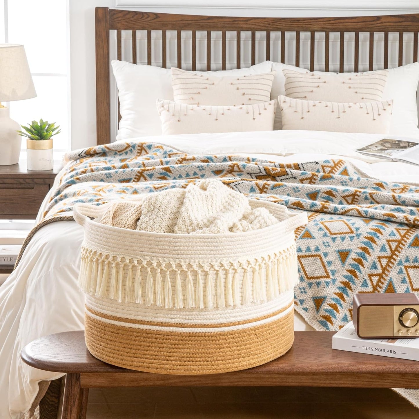 KAKAMAY Large Blanket Basket (20"x13"),Woven Baskets for storage Baby Laundry Hamper, Cotton Rope Blanket Basket for Living Room, Laundry, Nursery, Pillows, Baby Toy chest (White/Brown)