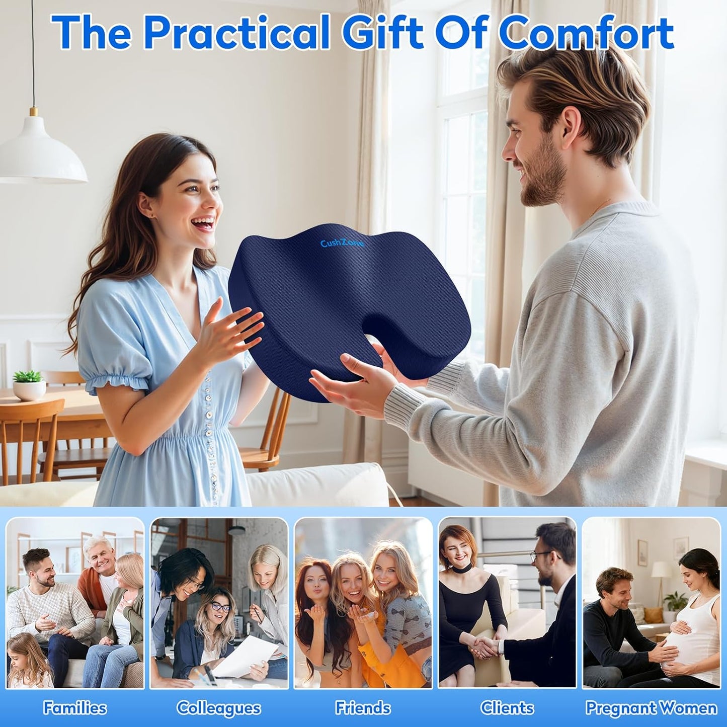 CushZone Seat Cushion - Memory Foam Office Chair Cushion for Sciatica, Tailbone & Back Pain Relief - Orthopedic Coccyx Pillow for Car, Airplane, Pregnancy & Long Sitting at Work, Black