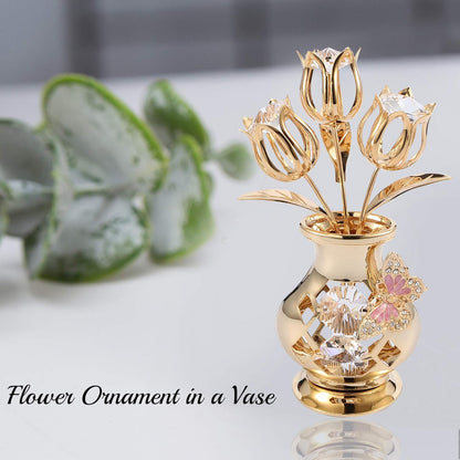 Matashi 24K Gold Plated Crystal Flower Figurine with Clear Crystals & Butterfly – Luxury Decorative Tulip Statue, Elegant Tabletop Home Décor, for Mother's Day, Valentine's Day, Christmas