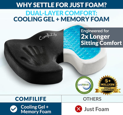ComfiLife Premium Gel & Memory Foam Seat Cushion – Doctor Recommended Office Chair Cushion, Car Seat Cushion – Chair Cushions for Back & Sciatica Pain Relief – Seat Cushions for Office & Desk (Black)
