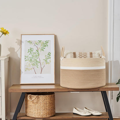 KAKAMAY Large Blanket Basket (20"x13"),Woven Baskets for storage Baby Laundry Hamper, Cotton Rope Blanket Basket for Living Room, Laundry, Nursery, Pillows, Baby Toy chest (White/Brown)