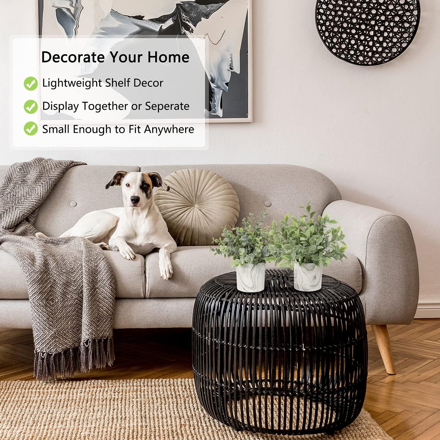 Hollyone Mini Artificial Potted Plants Fake Plants in Marble Pots, 1Pcs Plastic Eucalyptus Greenery Faux Plants for Home Office Desk Room Centerpiece Shelf Décor