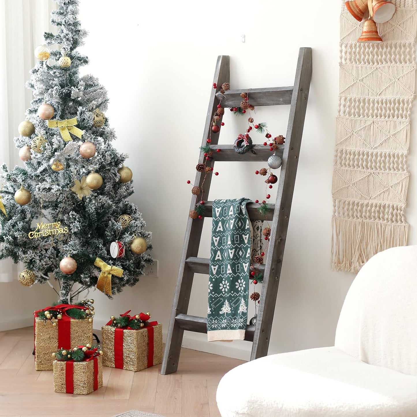 FUIN 5ft (58") Wood Blanket Ladder Living Room Decorative Wall Leaning Farmhouse Quilt Display Holder Storage Rustic Wooden Towel Rack for Bathroom, Brown