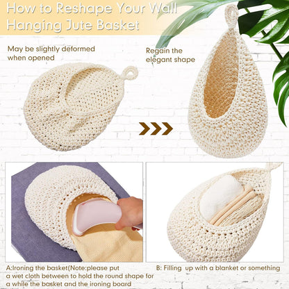 Honeydak Boho Decor Hanging Wall Baskets for Kitchen 3 Pack Teardrop Baskets with Hooks Storage Fruit Onion Vegetable Potato for Home 3 Sizes(Linen,Teardrop,Jute)