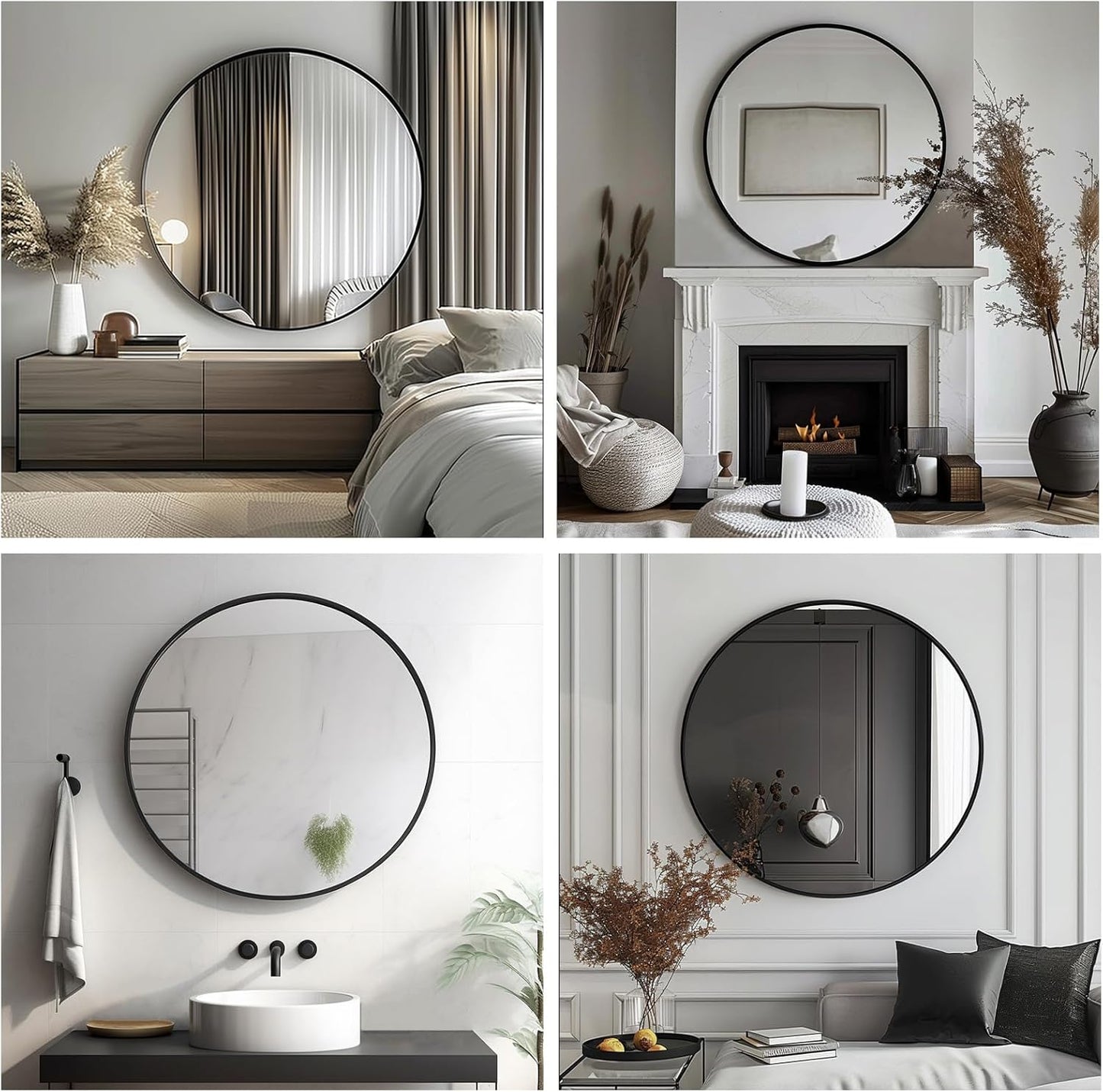 Sunniry Black Round Mirror, Round Mirror 24 inch, Black Circle Mirrors Matte Metal Frame, Wall Mounted Mirrors for Living Room, Bathroom, Wall, Entryway.