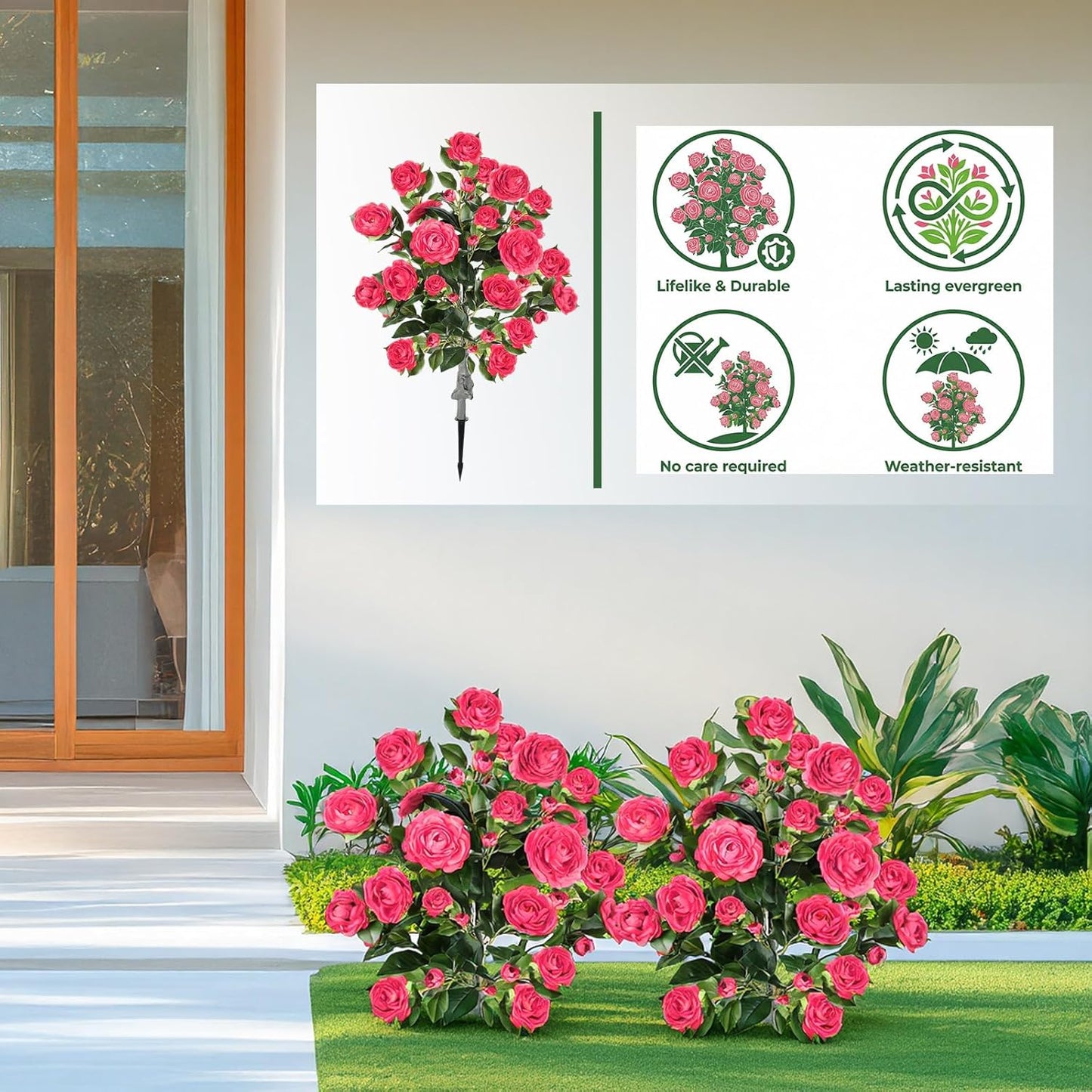 Lunmon 2 Pack 3ft Artificial Camellia Plants Tree 36" Faux Camellia Flower with Spike UV Resistant Realistic Fake Floral Blooming Bush for Indoor Outdoor Front Door Porch Backyard Garden, Purple