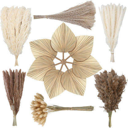 105 Pcs Boho Dried Pampas Grass Decor Bulk, Large Dried Palm Spears Bunny Tails Pampas Reed Grass Dried Palm Leaves Dried Flower Bouquet Boho Centerpieces for Wedding Home Tables Decor