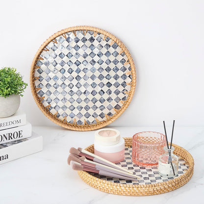 Round Rattan Tray with Mother of Pearl Inlay, Rattan Serving Tray with Wooden Base, Decorative Wicker Basket for Table Decor, Storage and Display of Coffee Bread Food Fruit (Leaf)
