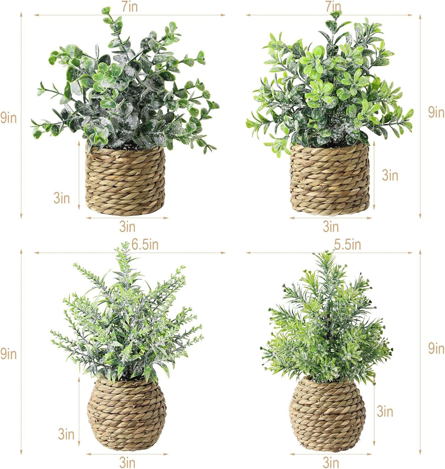 Small Fake Potted Plants: 9 Inches Artificial Plants with Seagrass Handwoven Planters, Indoor Farmhouse Spring Decorations, Eucalyptus Plant for Home Bathroom Office Shelf Tabletop Desk Room Decor