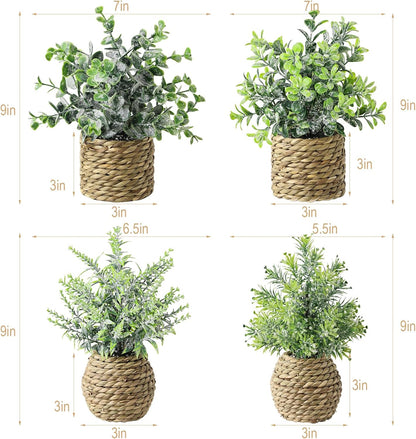 Small Fake Potted Plants: 9 Inches Artificial Plants with Seagrass Handwoven Planters, Indoor Farmhouse Spring Decorations, Eucalyptus Plant for Home Bathroom Office Shelf Tabletop Desk Room Decor