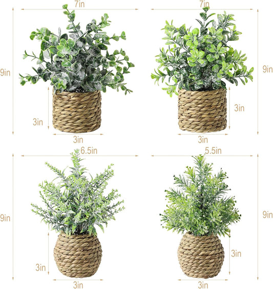 Small Fake Potted Plants: 9 Inches Artificial Plants with Seagrass Handwoven Planters, Indoor Farmhouse Spring Decorations, Eucalyptus Plant for Home Bathroom Office Shelf Tabletop Desk Room Decor