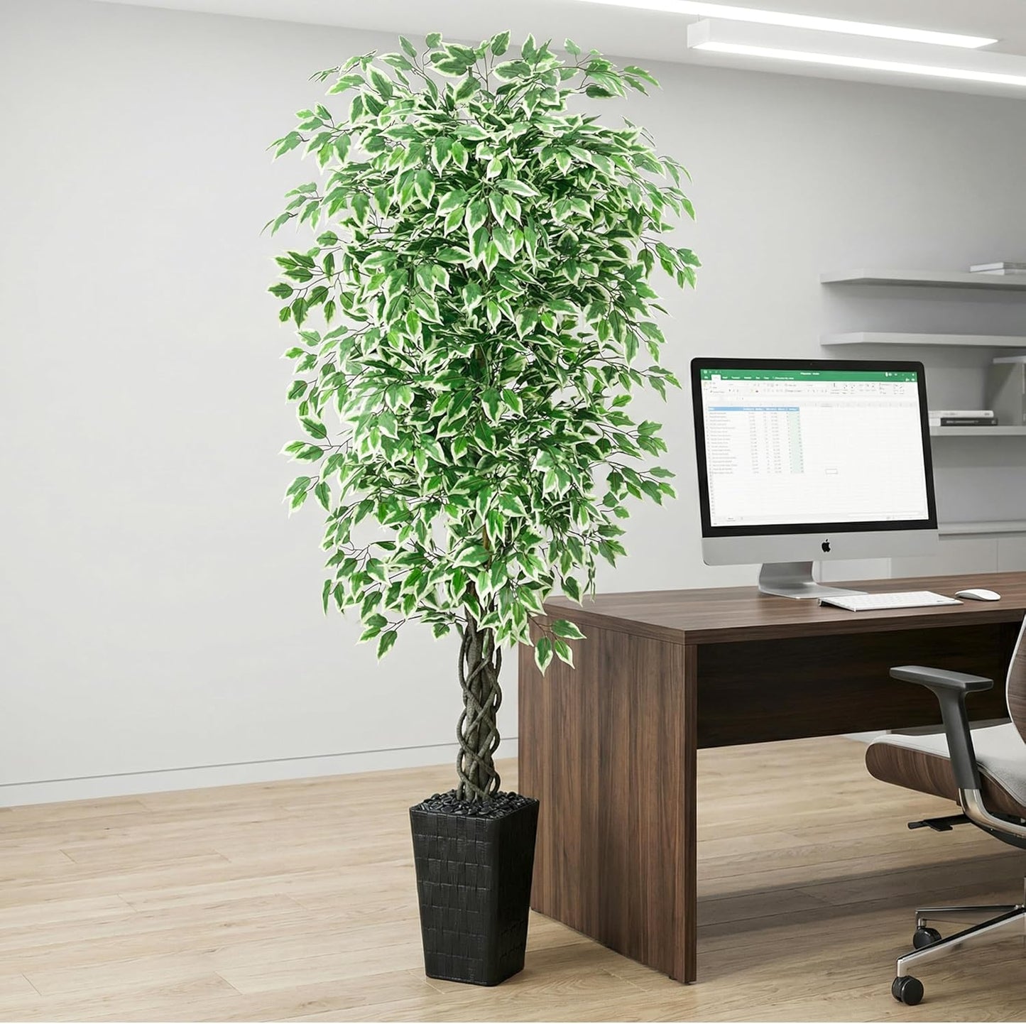 Artificial Ficus Tree 6FT Faux Plants Indoor Tall Fake Plants with White Planter, Green Lifelike Lush Fake Ficus Tree for Home Living Room Bedroom Outdoor Balcony House Office Decor