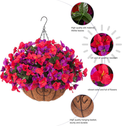 Artificial Hanging Flowers Faux Plants Basket for Outdoors Spring Summer Decor, Fake Silk Bougainvillea in Planter Outdoor Look Real UV Resistant Faux Flower for Outside Porch Patio Garden Home, White