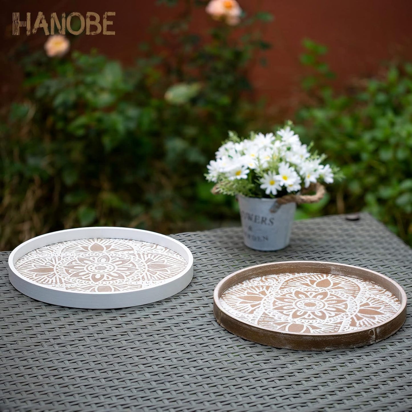 Hanobe Decorative Serving Tray Round: Farmhouse Coffee Table Decor Boho White Mandala Trays for Living Room Kitchen Bathroom Display