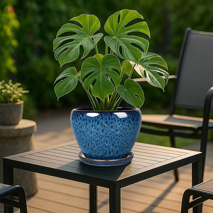 Deep Dream 6 Inch Plant Pots- Ceramic Planter Pot with Drainage Hole and Saucer, Round Flower Pot for Indoor Outdoor Succulent, Snake Plants and Cactus, Blue