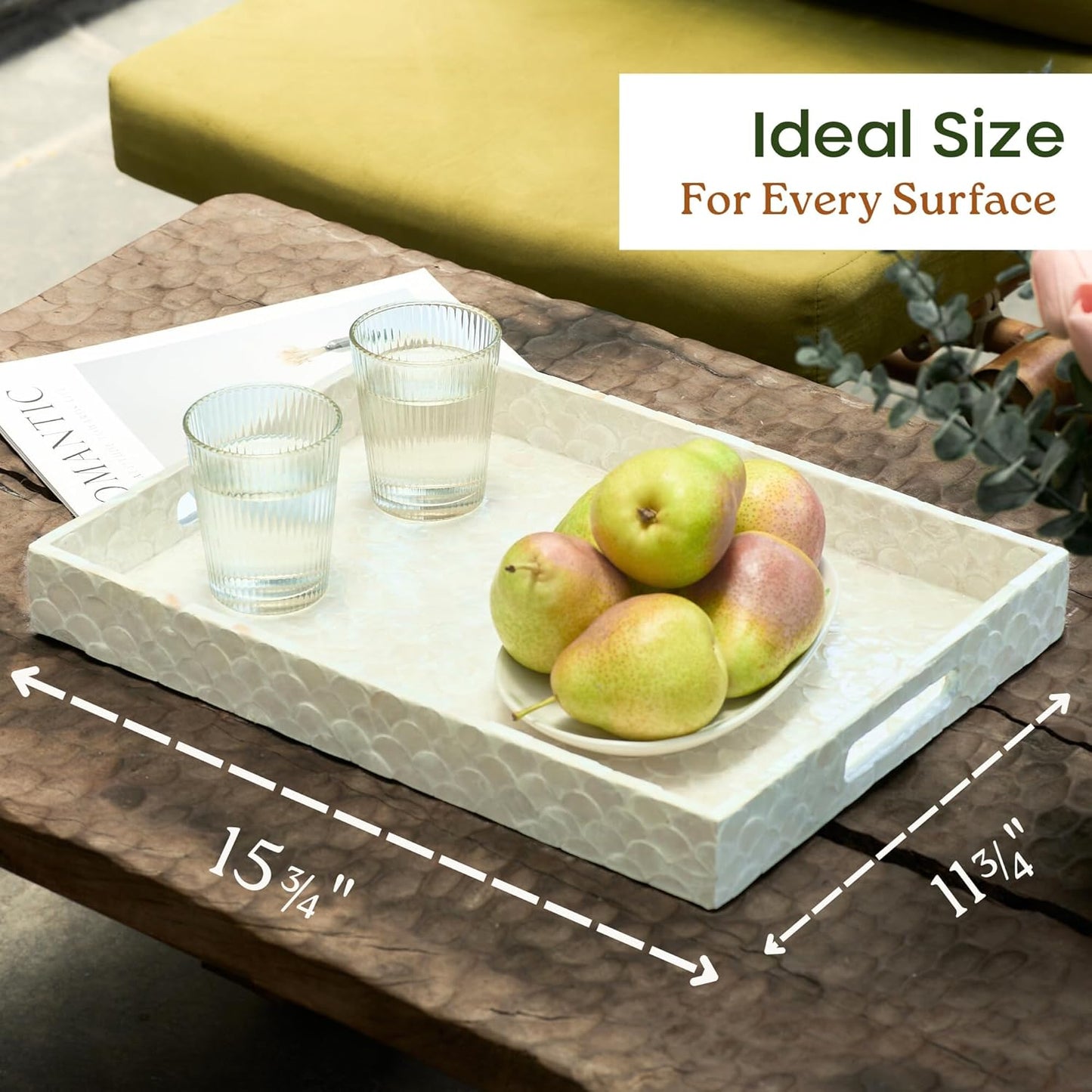 CHI AN HOME Capiz Decorative Tray 15.8” x 11.8” x 1.8" Rectangular Tray, Natural Handmade Serving Tray with Handles for Coffee Tables, Ottoman, Vanity, Kitchen, Coastal Boho Home Decor, White