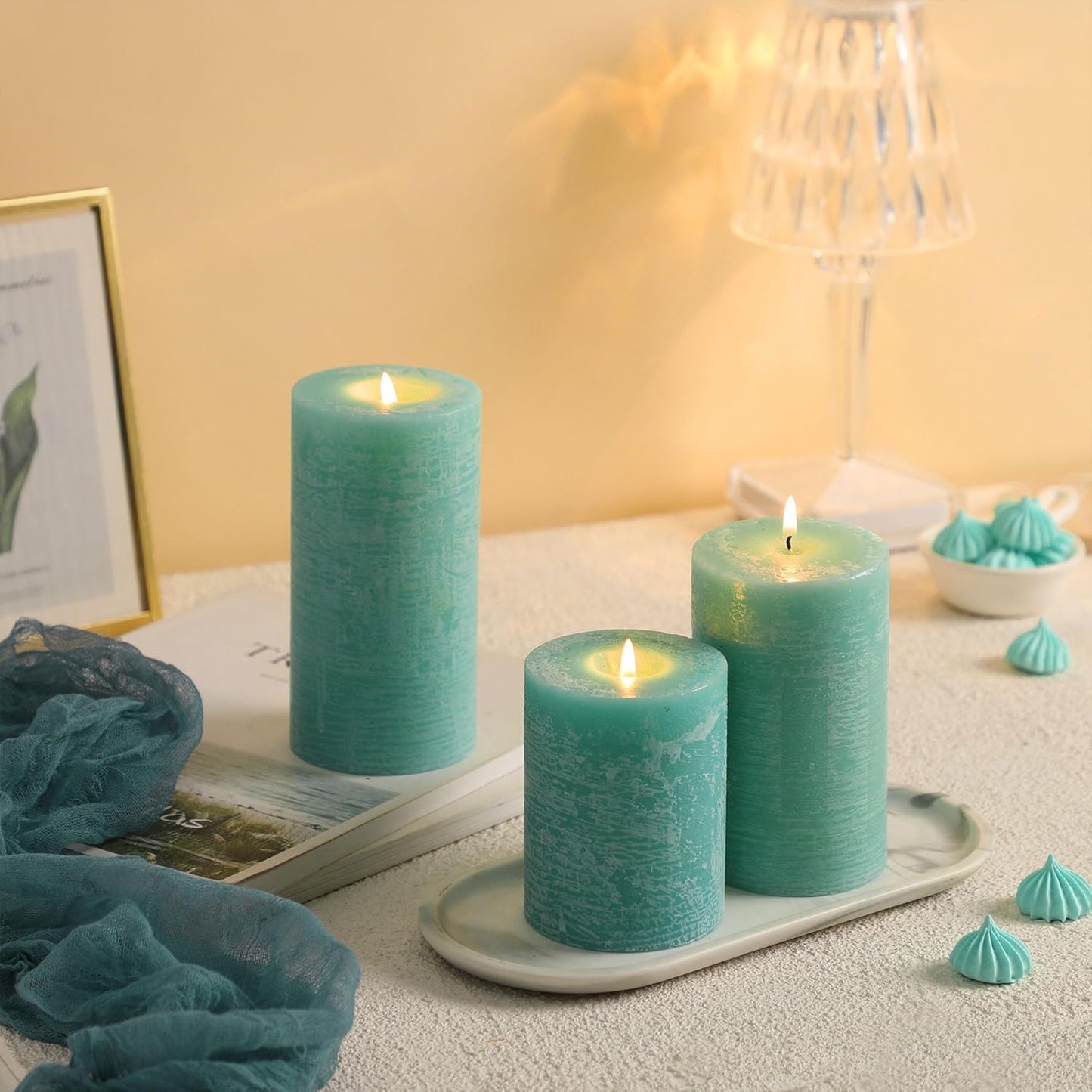 Sage Green Pillar Candles Set of 3 - Hand-Poured Unscented Candles,Smokeless Dripless Candles for Dinner Table and Home, Set of 3 in Different Sizes (3"x4", 3"x5", 3"x6")