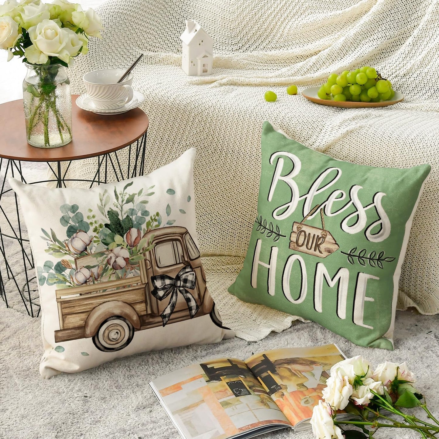 AVOIN colorlife Bless Our Home Farmhouse Eucalyptus Leaves Throw Pillow Covers, 18 x 18 Inch Truck Home Sweet Home Cushion Case Decorations Set of 4