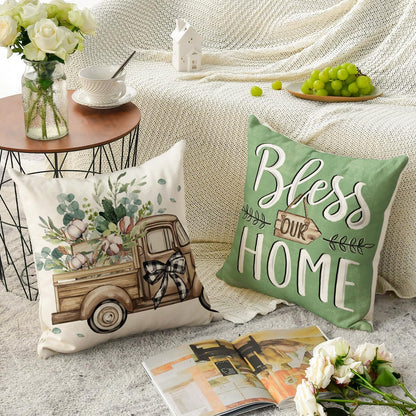 AVOIN colorlife Bless Our Home Farmhouse Eucalyptus Leaves Throw Pillow Covers, 18 x 18 Inch Truck Home Sweet Home Cushion Case Decorations Set of 4