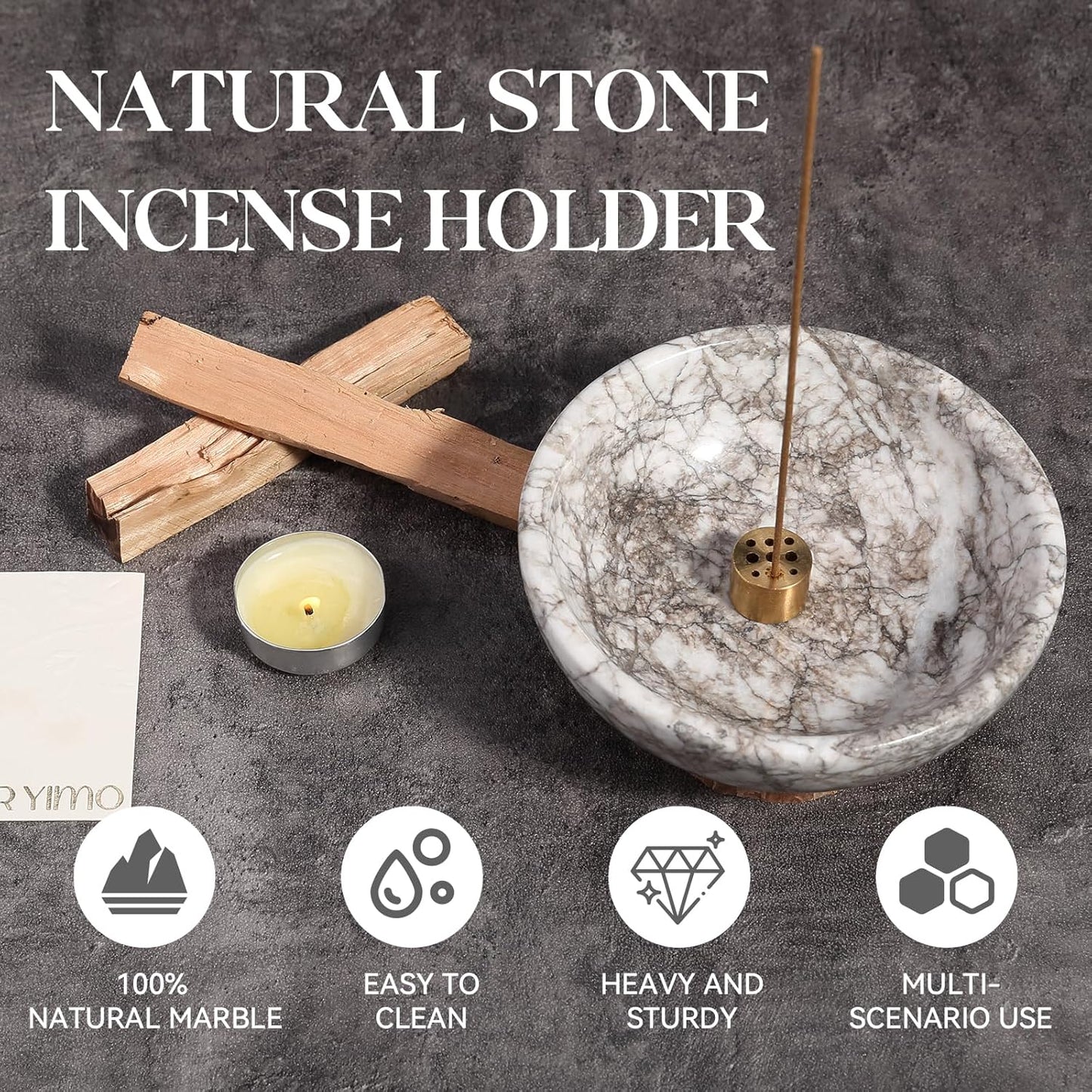 Koville Natural Marble Incense Holder, Incense Holder for Sticks with 9 Holes, Handmade Incense Burner Ash Catcher for Meditation Yoga SPA, Balsam Fir/Palo Santo/Sage/Cone (Green)