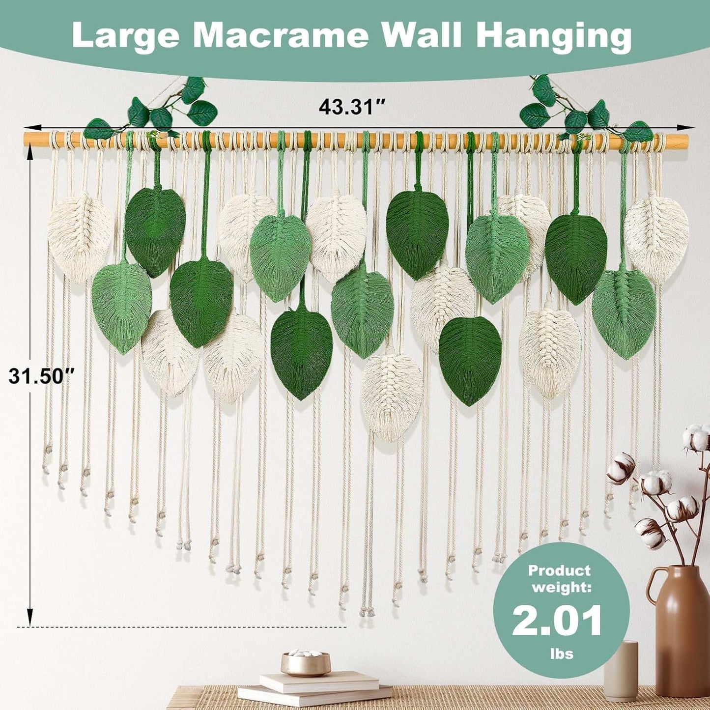 Gliterra Large Macrame Wall Hanging Handmade Boho Tapestry 43"x32" - Wall Art Decor for Living Room, Bedroom, Wedding (beige)
