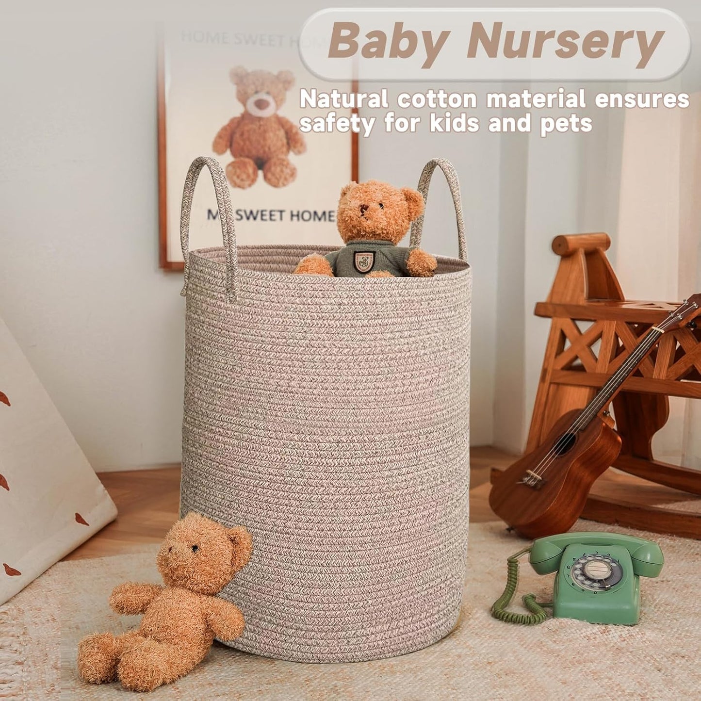 JMvicyroam Large Woven Laundry Basket Hamper,60L Cotton Rope Storage Bin for Blankets,Toys and Clothes,Decorative Tall Nursery Hamper for Living Room,Baby Nursery,Bathroom and Bedroom,Brown