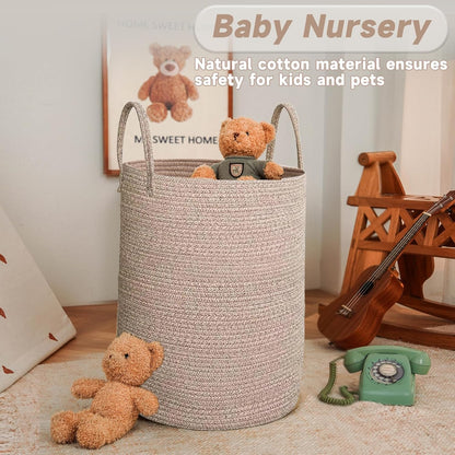 JMvicyroam Large Woven Laundry Basket Hamper,60L Cotton Rope Storage Bin for Blankets,Toys and Clothes,Decorative Tall Nursery Hamper for Living Room,Baby Nursery,Bathroom and Bedroom,Brown