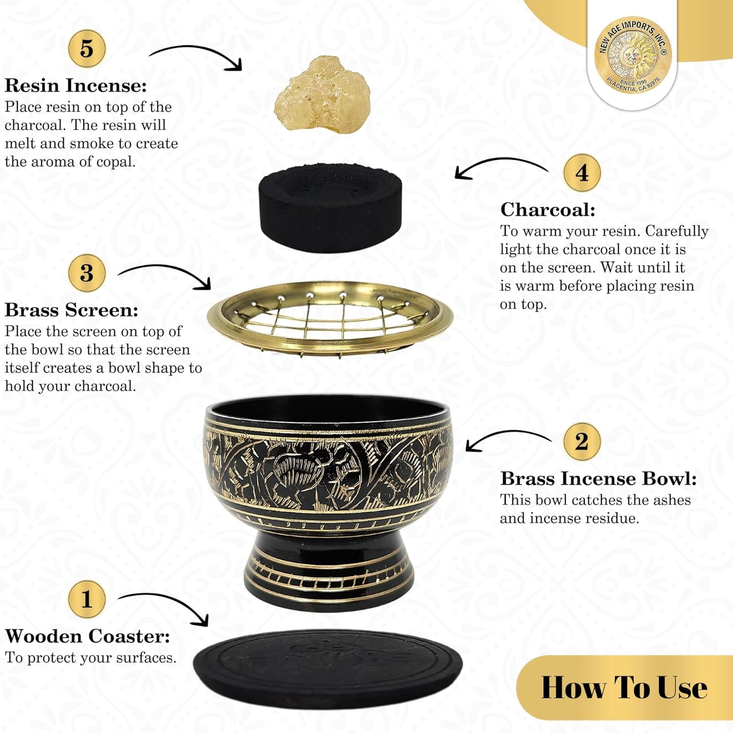 New Age Imports, Inc. India Small Decorated Brass Charcoal Screen Incense Burner with Wooden Coaster