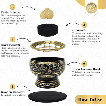 New Age Imports, Inc. India Small Decorated Brass Charcoal Screen Incense Burner with Wooden Coaster