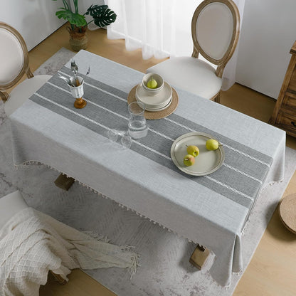 Softalker Outdoor Tablecloth Rectangle, Waterproof Linen Cotton Farmhouse Table Cloths with Tassel, Heavy Weight Wrinkle Free Boho Table Cover for Picnic Camping Dining - 55 x 70 Inch, Coffee Lines