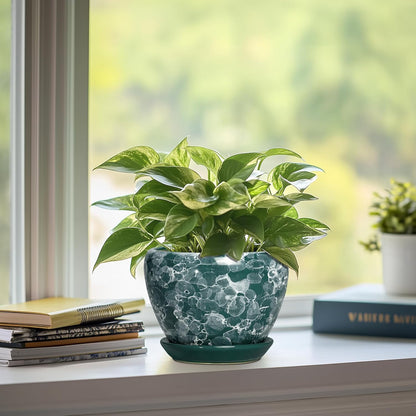 6 Inch Plant Pot - Ceramic Pots for Plants with Drainage Hole and Saucer, Round Succulent Planter Indoor Outdoor, Modern Flower Pot for Snake Plants, Home Decor, Gifts for Plant Lover, Blue