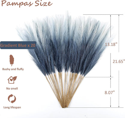 20Pcs Navy Blue Gradient and White Faux Pampas Grass Decor, 21.7"" Pompas Grass Flower Arrangement and Vase Filler for Boho Home Wedding Decoration, Black