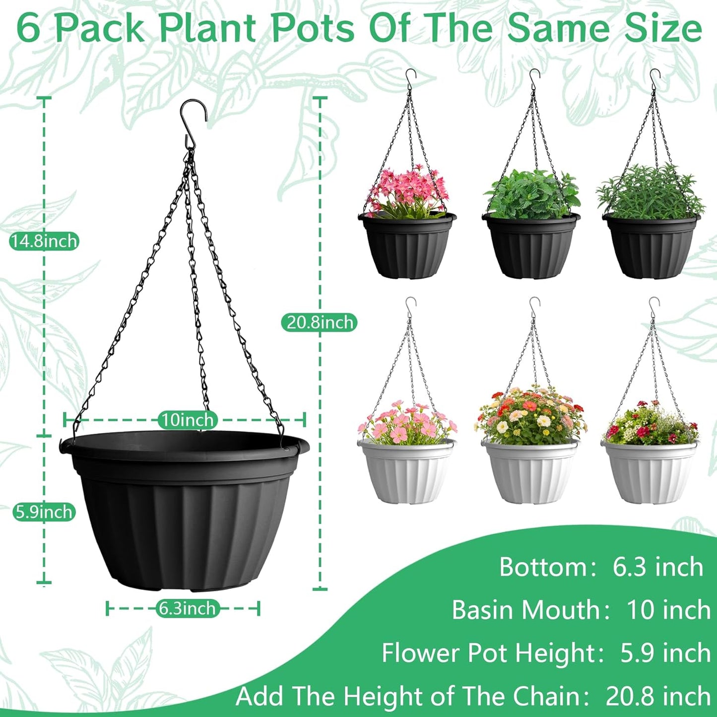 FGstyle Hanging Planters 10 Inch, 4 Pcs Self Watering Pots for Indoor Plants,Plastic Hanging Basket with Soil Elevator and 20" Chain for Home Garden Porch Balcony Patio Decor(Black)