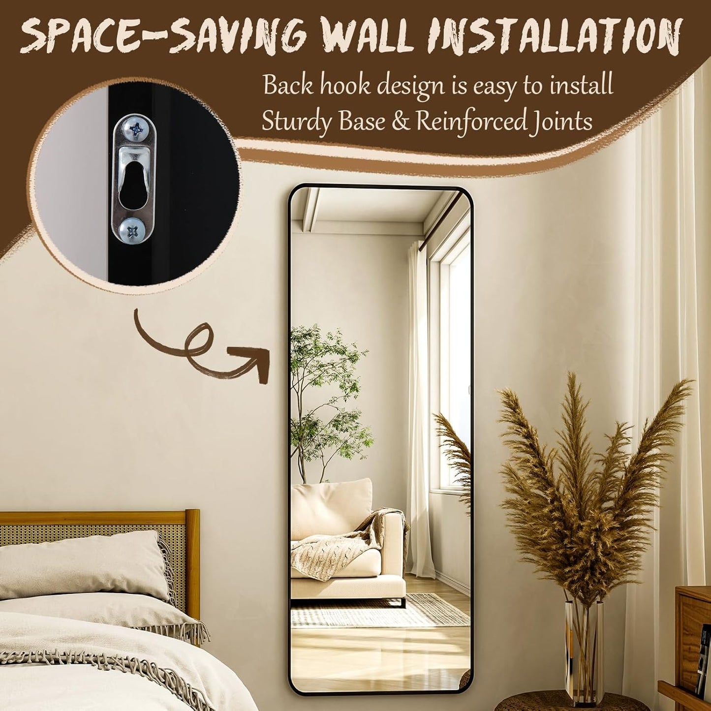 XRAMFY 56"x21" Floor Full Length Mirror Standing Full Body Rounded Corner Rectangle Mirrors with Stand Hanging Wall Mounted Leaning Bedroom Living Room Bedroom Cloakroom,Gold