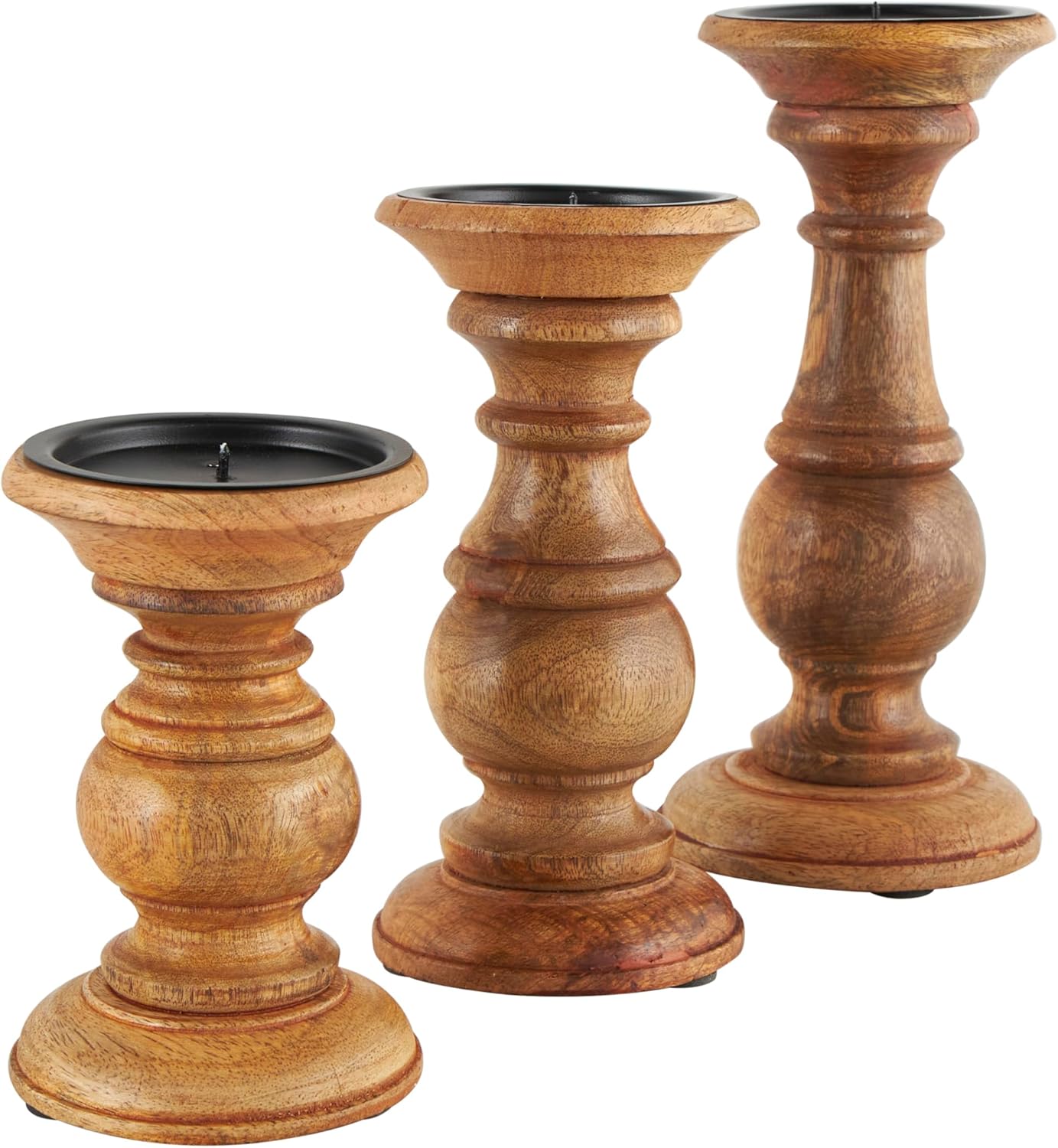 Deco 79 Mango Wood Decorative Candle Holder Distressed Turned Pillar Candle Stand, Set of 3 Candlestick Holder 6", 8", 10"H, Light Blue