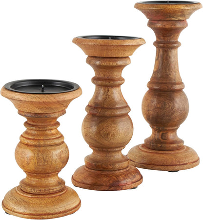 Deco 79 Mango Wood Decorative Candle Holder Distressed Turned Pillar Candle Stand, Set of 3 Candlestick Holder 6", 8", 10"H, Light Blue