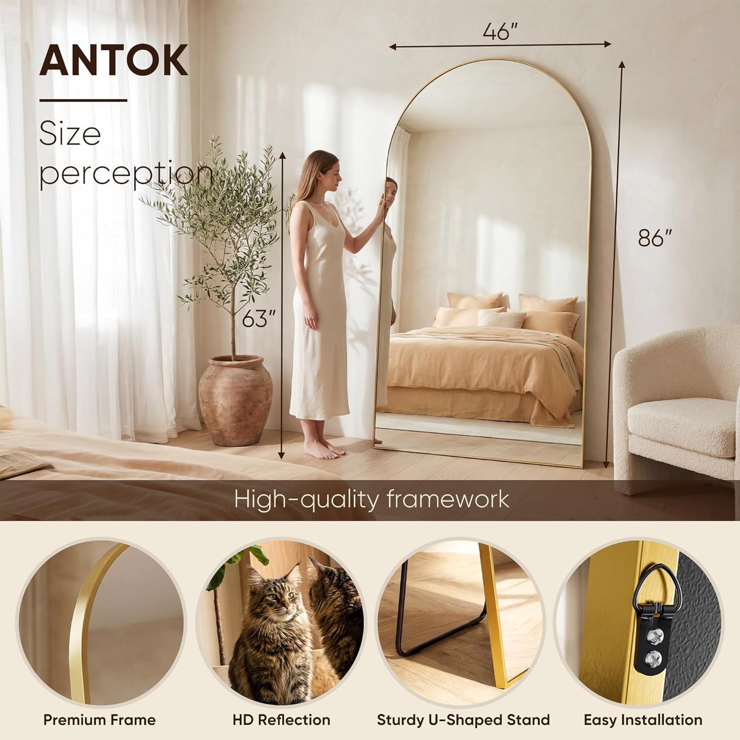 Antok 71" x28” Arched Full Length Floor Mirror, Black Aluminum Frame, Free Standing/Wall Mount/Leaning for Bedroom, Living Room, Dressing Room