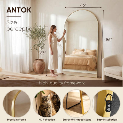 Antok 71" x28” Arched Full Length Floor Mirror, Black Aluminum Frame, Free Standing/Wall Mount/Leaning for Bedroom, Living Room, Dressing Room